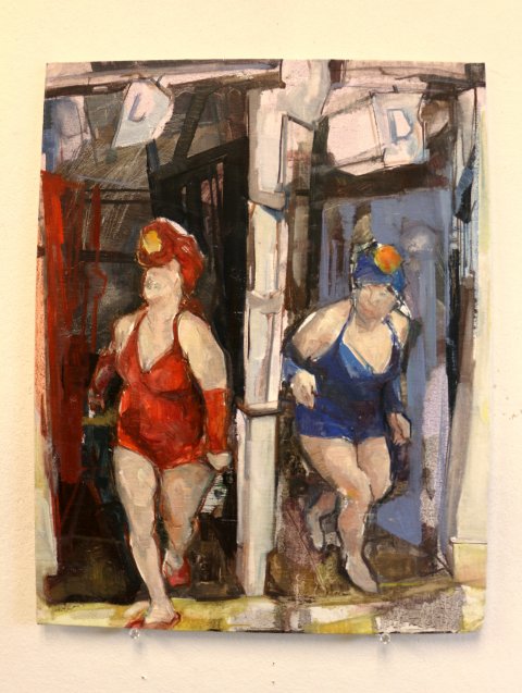 TWO WOMEN COMING OUT OF THE CHANGING ROOM IN BATHING SUITS